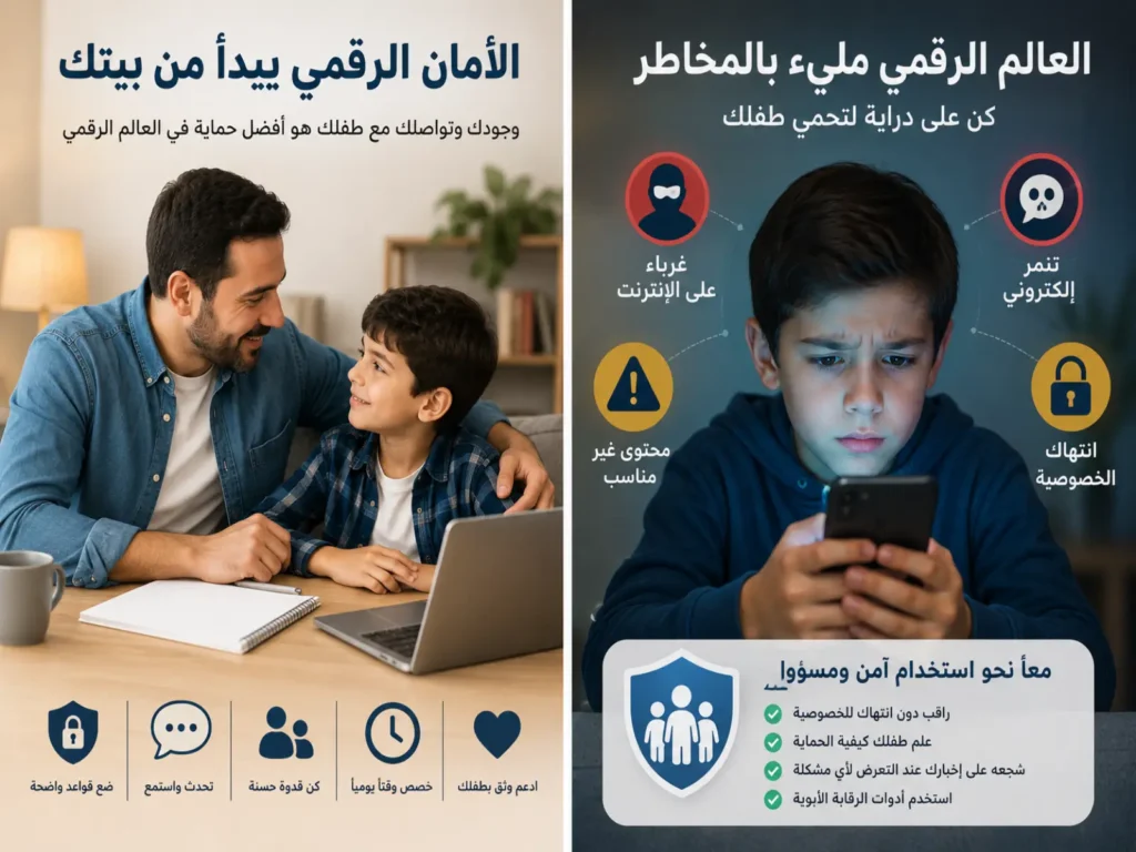 أب يتحدث مع طفله حول الأمان الرقمي وكيفية حماية الأطفال من الغرباء على الإنترنت.